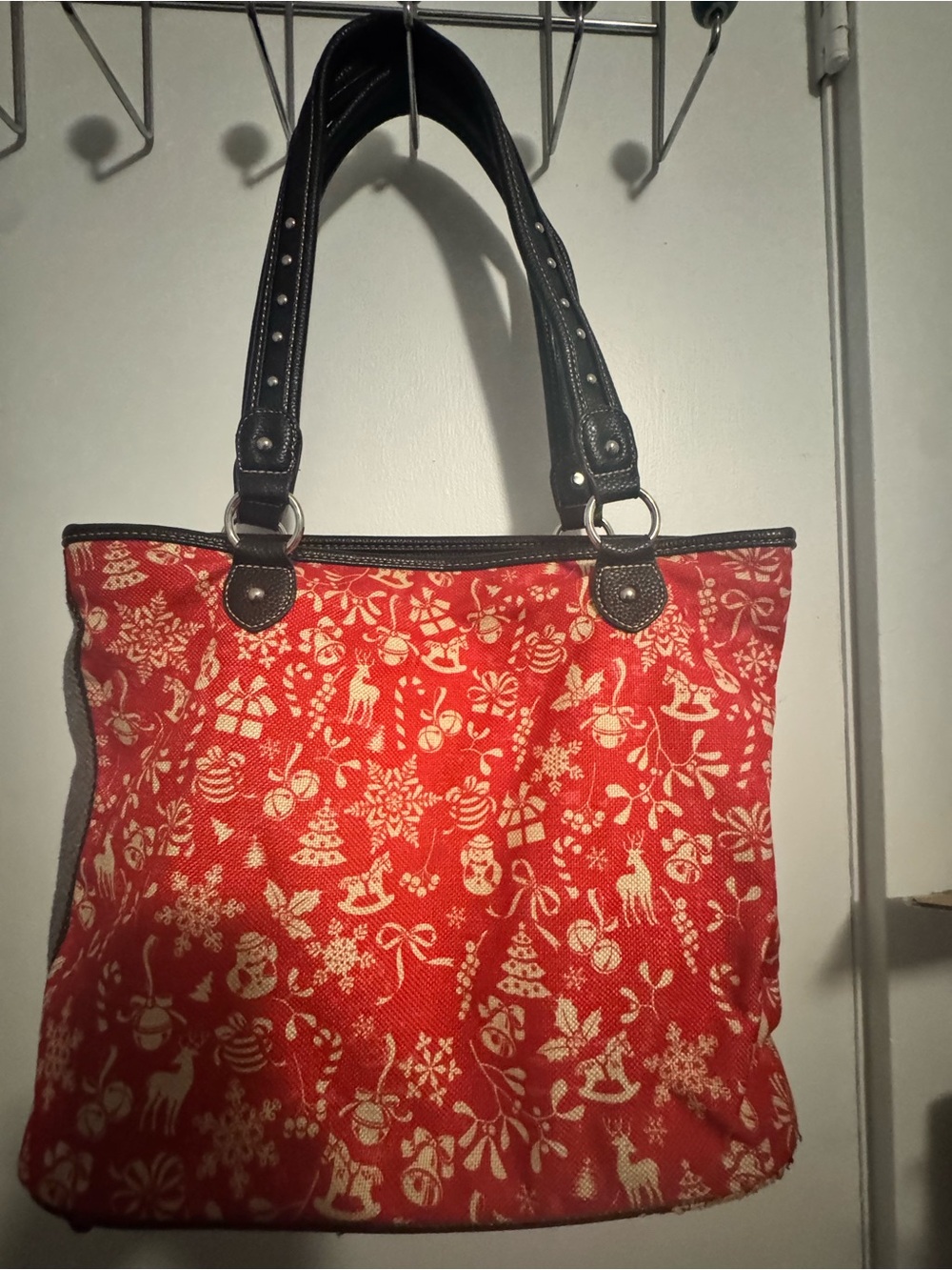 Montana West Red Holiday Pattern Tote with Black Handles